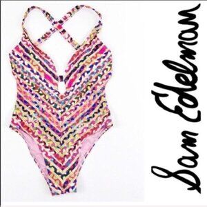 Sam Edelman One Piece Swimsuit Bold Mosaic Print Medium Pink New With Tag
